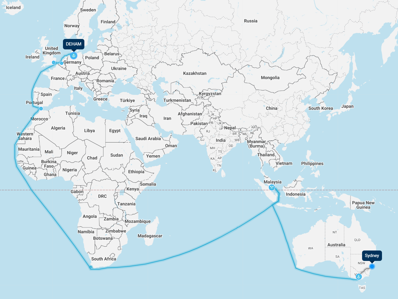 Hamburg to Melbourne shipping route
