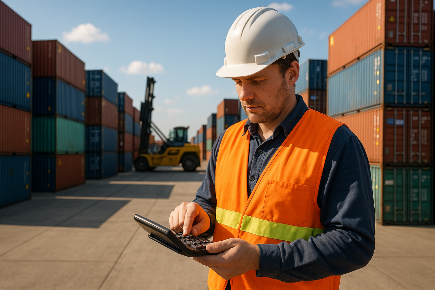 port worker in a shipping container yard utilising a calculator