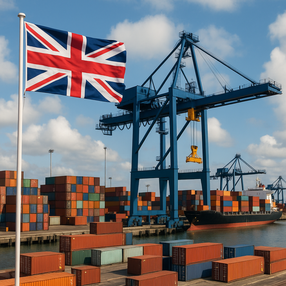 sea port, with an UK flag