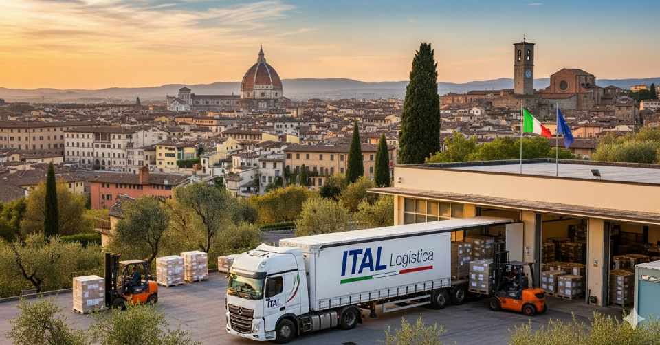 A large white semi-truck with "ITAL Logistica" on its side is being loaded by two forklifts with pallets of goods at a depot. In the background, a sprawling cityscape with a large domed cathedral and a bell tower is visible under a warm, sunset sky. Two flags, one Italian and one European Union, are flying above the depot building.