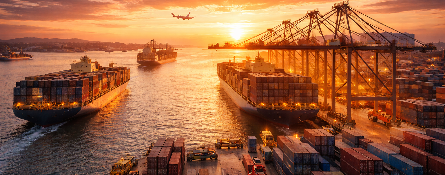 landscape image of a sunset over a sea port terminal