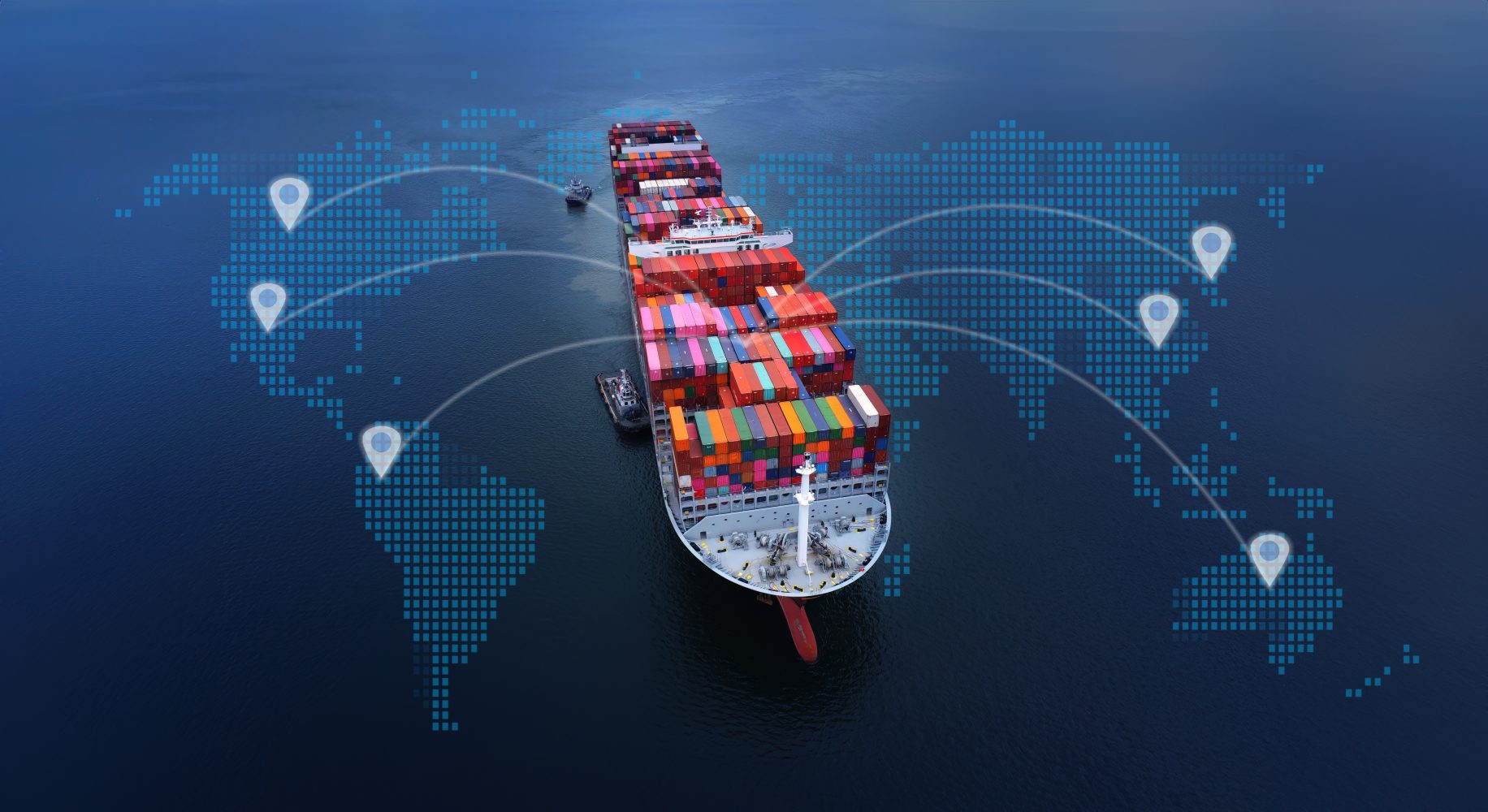 Aerial top view containers ship cargo business commercial logistic and transportation international import export by container freight cargo ship in the open seaport show ocean network on map.