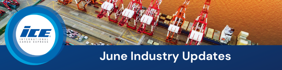 Header image of a port with shipping containers and vessels, titled ‘June Industry Updates