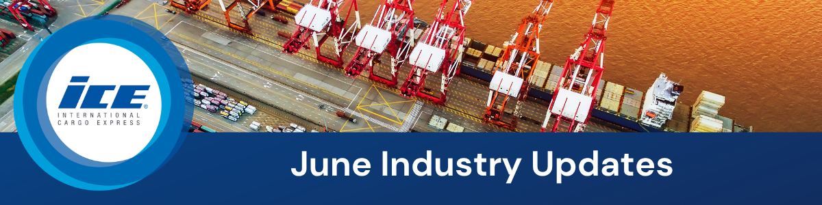 Header image of a port with shipping containers and vessels, titled ‘June Industry Updates