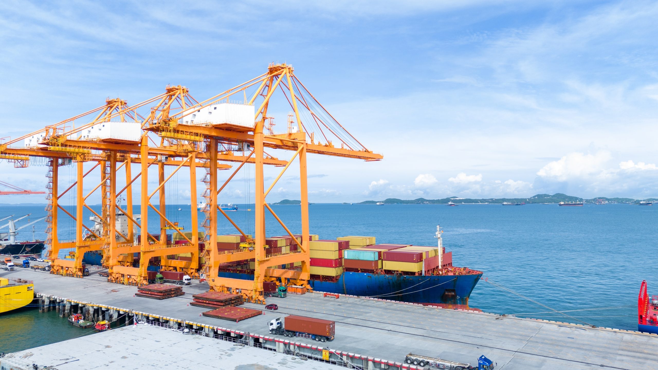 cranes on a busy shipping port